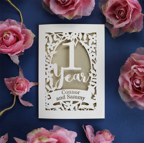 A 1 year anniversary card laser cut in cream with a gold leaf paper insert - A5 (large); / gold Leaf;