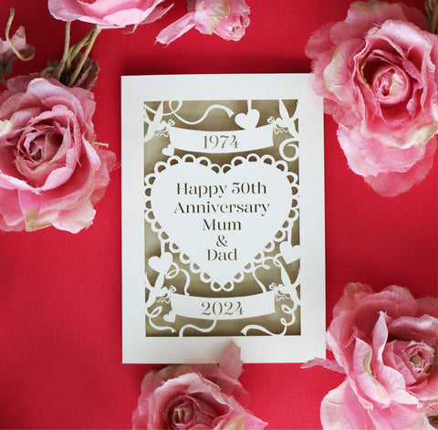 A personalised laser cut anniversary card for a 50th wedding anniversary.