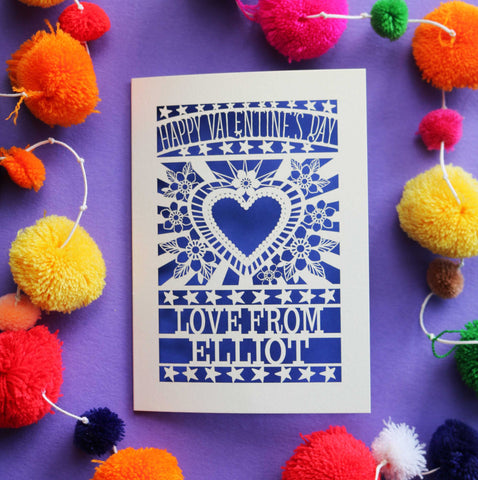 A personalised cut out Valentines card that has a heart and flowers cut out and text that says "Happy Valentine's Day, love from" and a name - Infra Violet / A6 (small)
