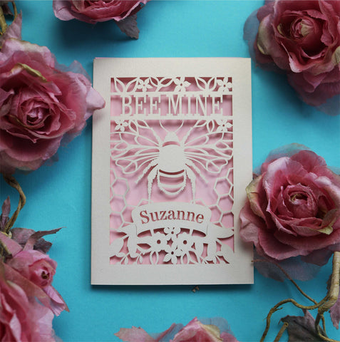 A paper cut "bee mine" personalised Valentine's card - A6 (small) / Candy Pink