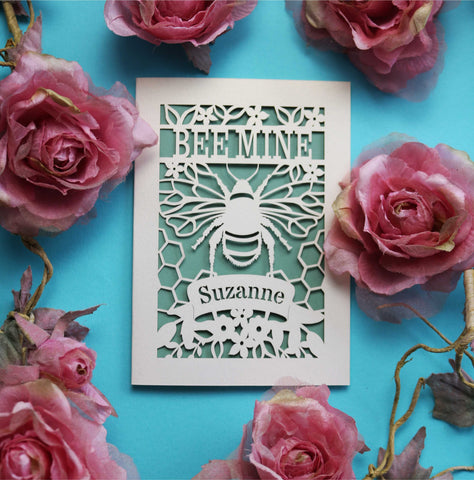 A laser cut "bee mine" personalised Valentine's card - A6 (small) / Sage