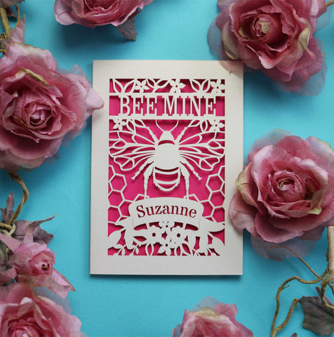 A paper cut "bee mine" personalised Valentine's card' - A6 (small) / Shocking Pink