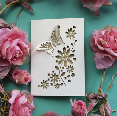 A butterfly and flowers greeting card - A6 / Gold Leaf