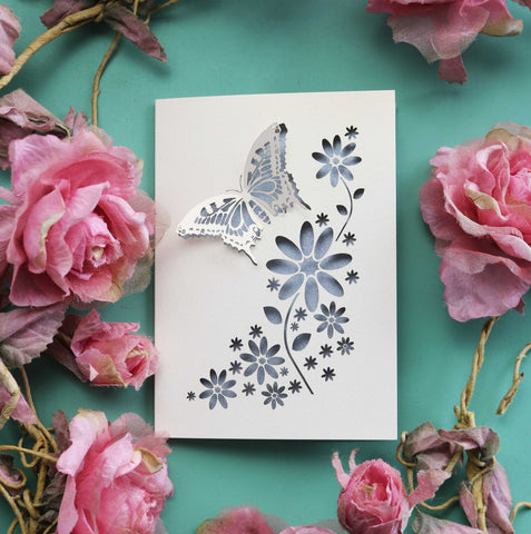 Laser cut butterfly card with flowers - A6 / Silver