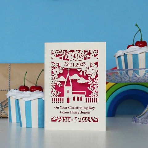 A papercut Christening card personalised and featuring a cute church surrounded by leaves and flowers.  - A5 (large) / Shocking Pink