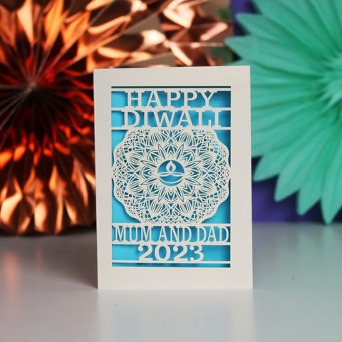 Personalised Papercut Diwali Mandala Card A5 - Peacock Blue