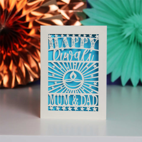 Personalised Papercut Diwali Stars Card - Peacock Blue / A6 (small)