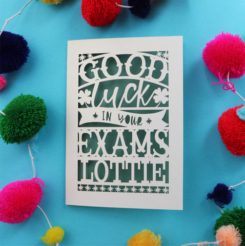 A laser cut personalised good luck in your exams card