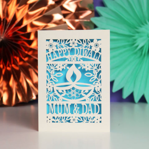 Personalised Papercut Happy Diwali Card - Peacock Blue / A6 (small)