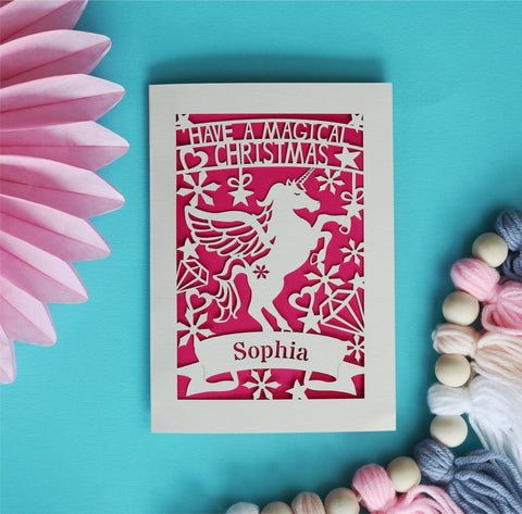 Personalised Papercut Unicorn Christmas Card - A6 (small) / Shocking Pink