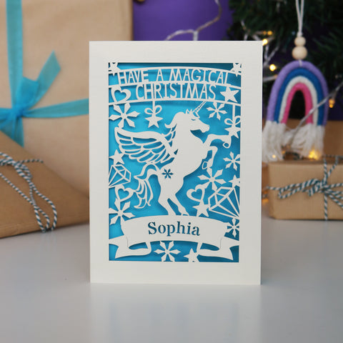 Personalised Papercut Unicorn Christmas Card - A6 (small) / Peacock Blue