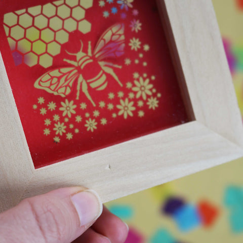 SECONDS Small Square Framed Bee Papercut -Red - 