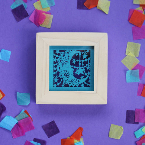 Small Square Framed Teal Moon Papercut - 