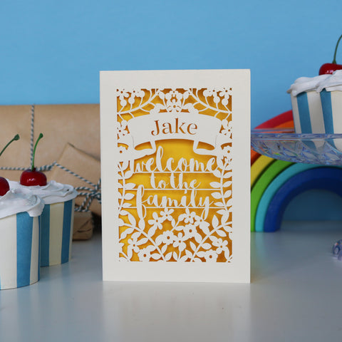 Personalised Papercut Welcome To The Family Card - A6 (small) / Sunshine Yellow