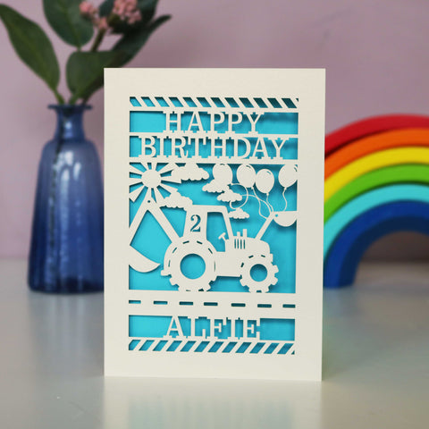 Personalised Papercut Digger Birthday Card - A6 (small) / Peacock Blue