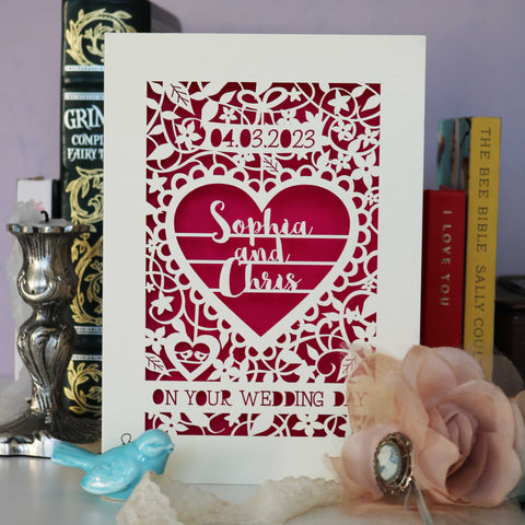 A wedding card laser cut and featuring personalisation with the date of wedding and the names of couple. No photo does the card justice so trust us when we say you need this card because it's beautiful. - A5 (large) / Shocking Pink