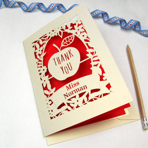 Apple design personalised papercut card. Ideal for end of term gift for teacher or teaching assistants. Cream card and red insert. - A5 / Bright Red