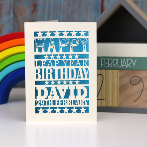 Leap Year Birthday Personalised Papercut Card - A5 (large) / Peacock Blue