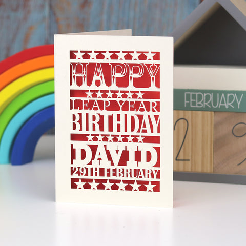 Leap Year Birthday Personalised Papercut Card - A5 (large) / Bright Red