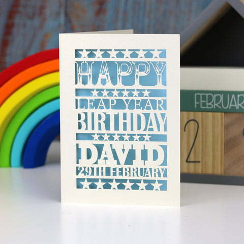 Leap Year Birthday Personalised Papercut Card - A5 (large) / Light blue
