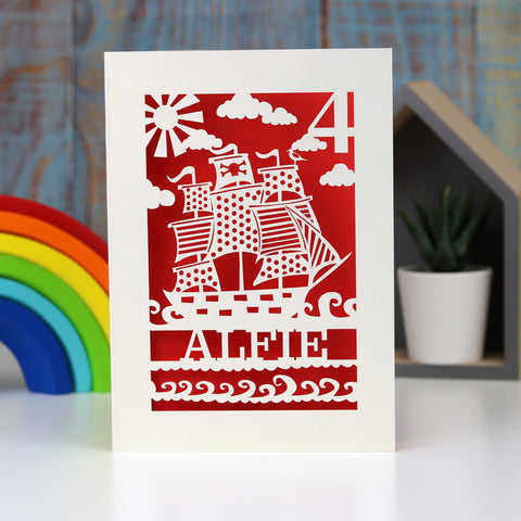 Personalised Papercut Pirate Birthday Card - A6 / Bright Red