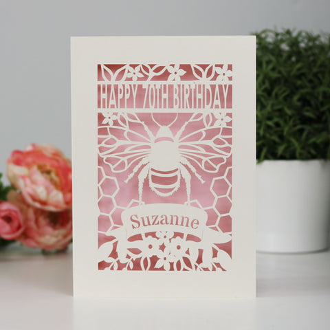 Bee design personalised birthday card lasercut from cream card and shown with a pale pink insert paper. Number of birthday can also be personalised. - A5 (large) / Candy Pink