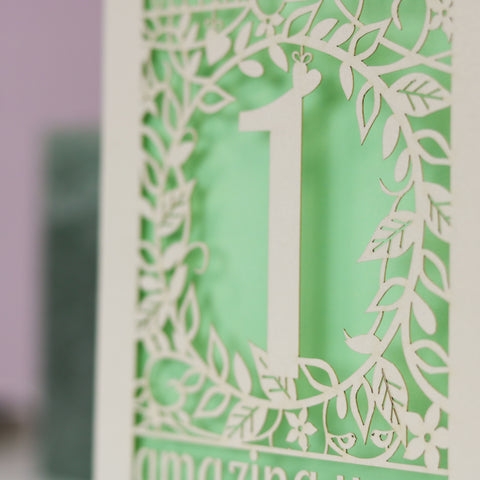  A close up image of a detail from a laser cut card. Cream card is cut away to reveal a light green paper insert behind.  - A5 / Light Green