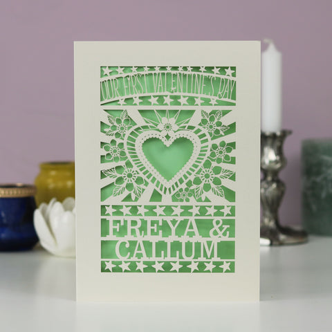 Our First Valentine's Laser Cut Card- Sacred Heart Design - A6 (small) / Light Green