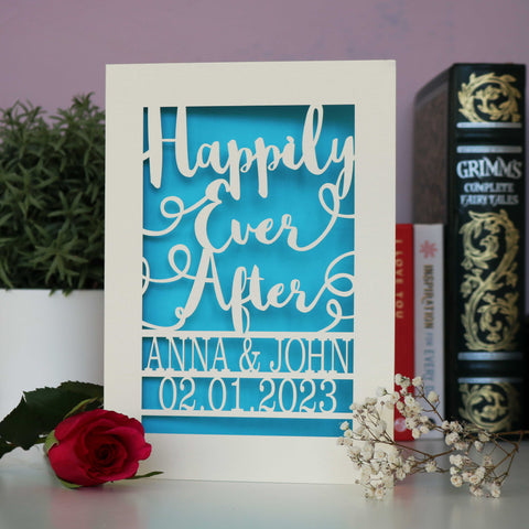 A paper cut wedding card personalised with named and date. Card has "Happily Ever After" in a script font  - A6 (Small) / Peacock Blue