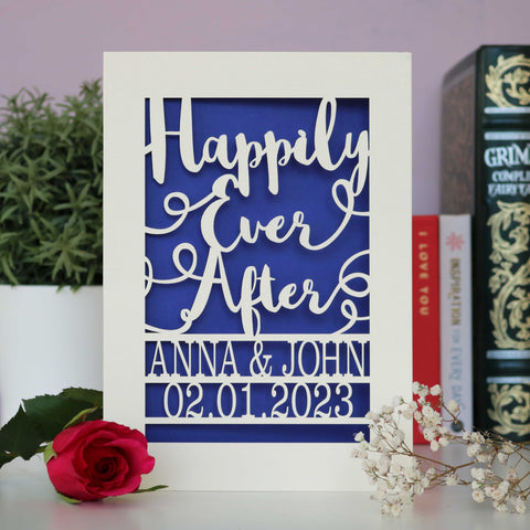 Laser cut wedding cards personalised with names and a date. Card says happily ever after in a script font - A6 (Small) / Infra Violet