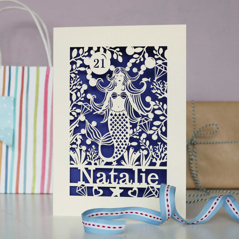 Personalised paper cut mermaids card with a name and age. Cream card and a violet paper insert behind.  - A6 (small) / Infra Violet