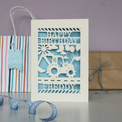 Personalised Papercut Digger Birthday Card - A6 (small) / Light Blue