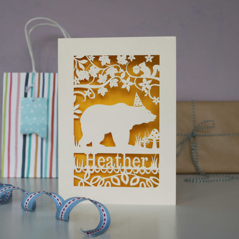 Bear in a hat birthday laser cut card cut from cream card with a sunshine yellow insert. Personalise with a name and age. - A5 (large) / Sunshine Yellow