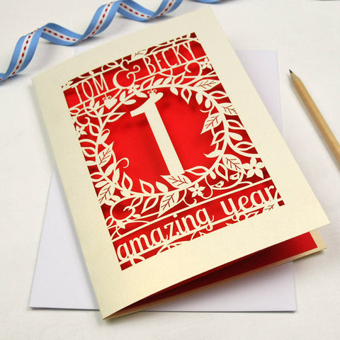 An anniversary card, personalised and laser cut.  - A6 / Bright Red