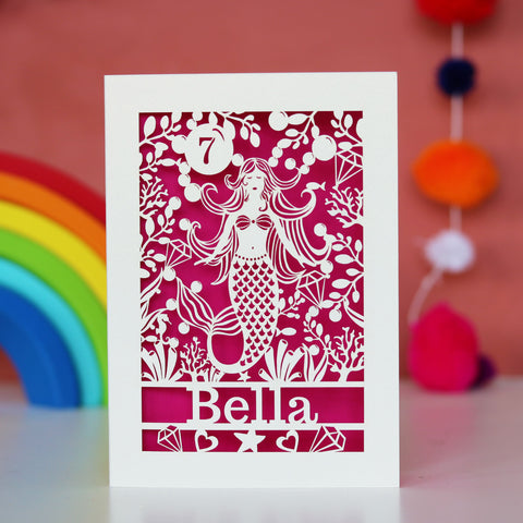 Cards for girls. A laser cut birthday card with a mermaid and name and age.  - A6 (small) / Shocking Pink