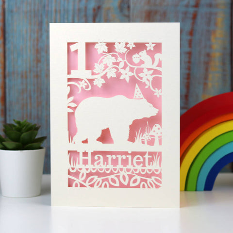 Pretty pink paper cut birthday showing a bear wearing a hat. Personalise with a name and age. Cut from cream card with a pale pink insert. - A5 (large) / Candy Pink