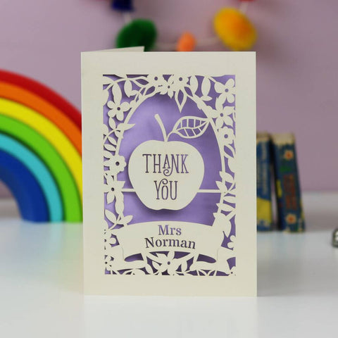 Personalised papercut thank you card. Cream cards and lilac insert paper. Shows an apple and has space for teacher's name.s - A5 / Lilac