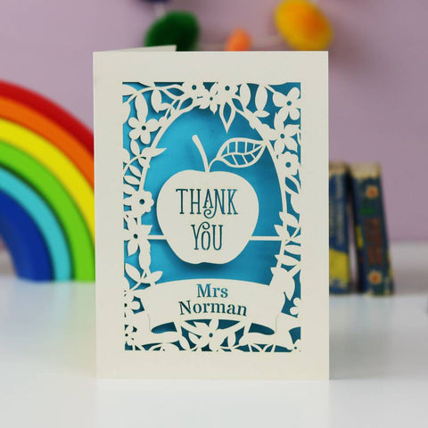 Personalised Thank You card for teacher, showing an apple and teacher's name. Cream card and peacock blue insert. - A5 / Peacock Blue
