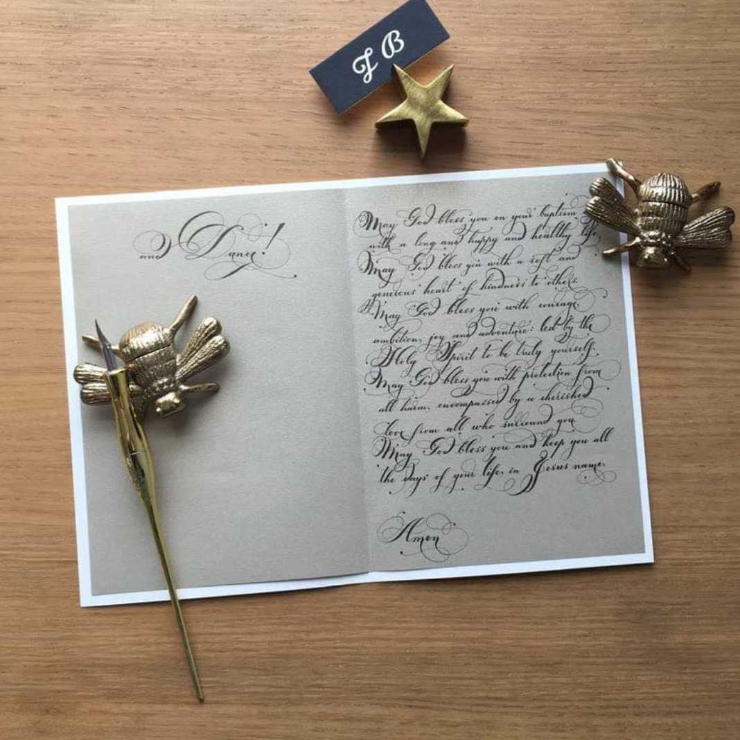 Calligraphy inside a Christening Card