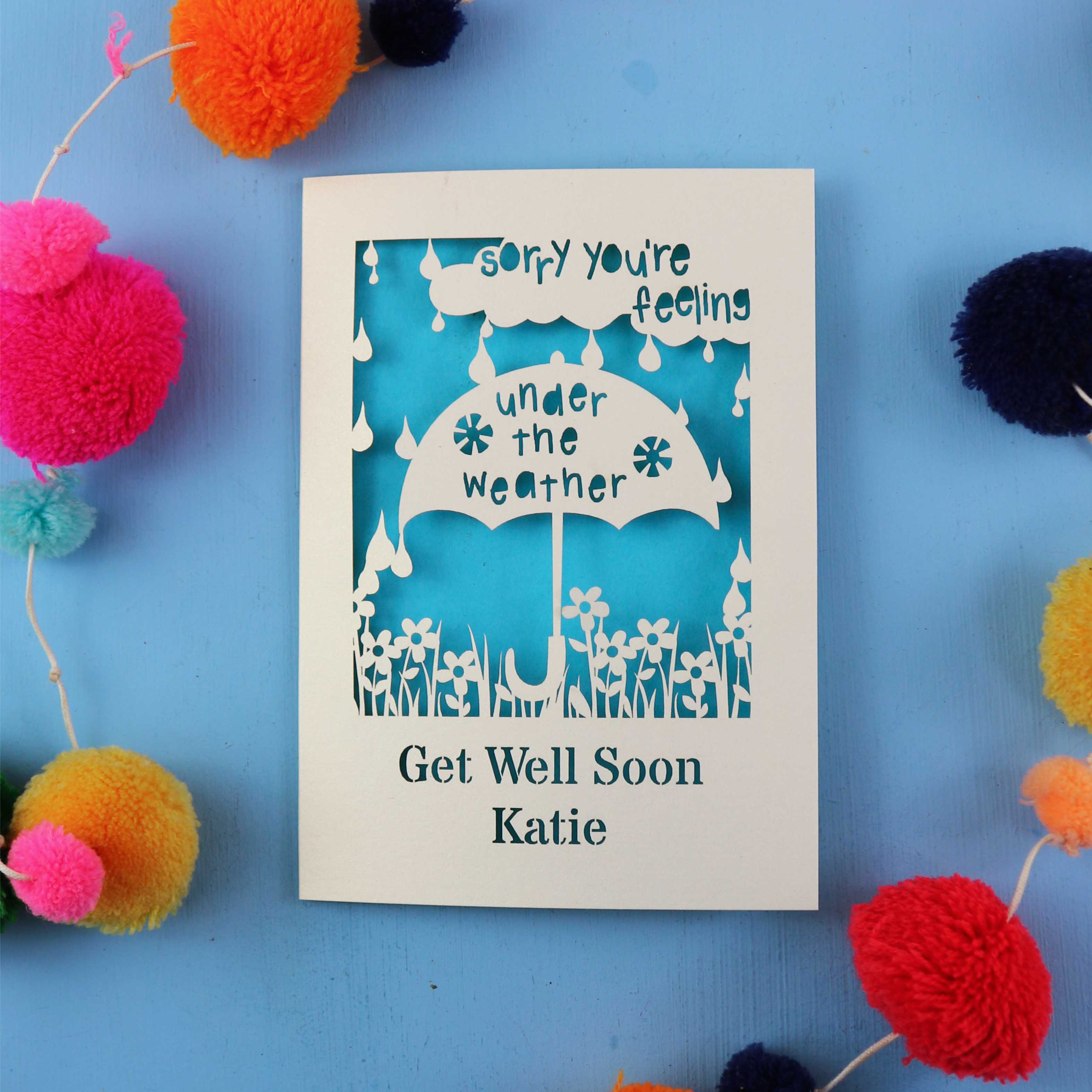 Laser cut personalised get well soon card