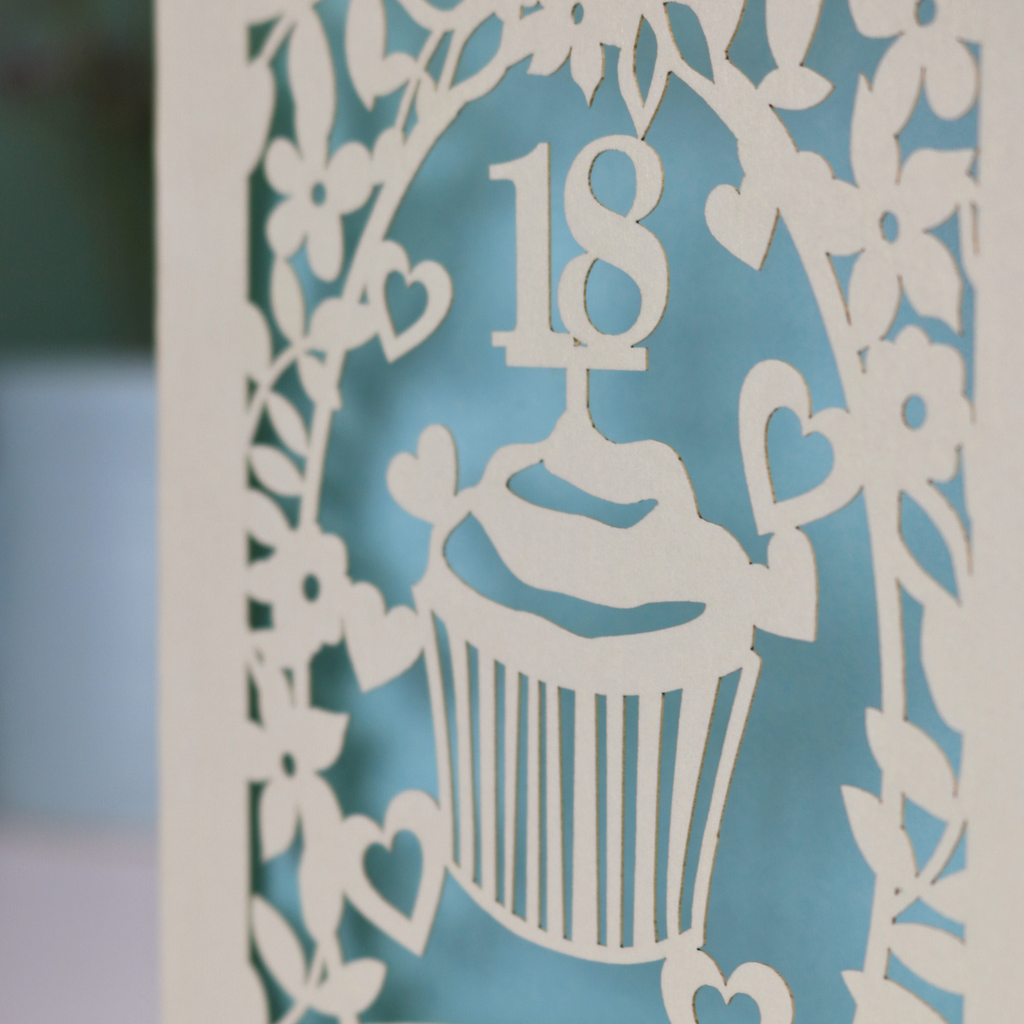 Personalised laser cut 18th birthday card with cupcake design and '18 Nicki' text on a light background.