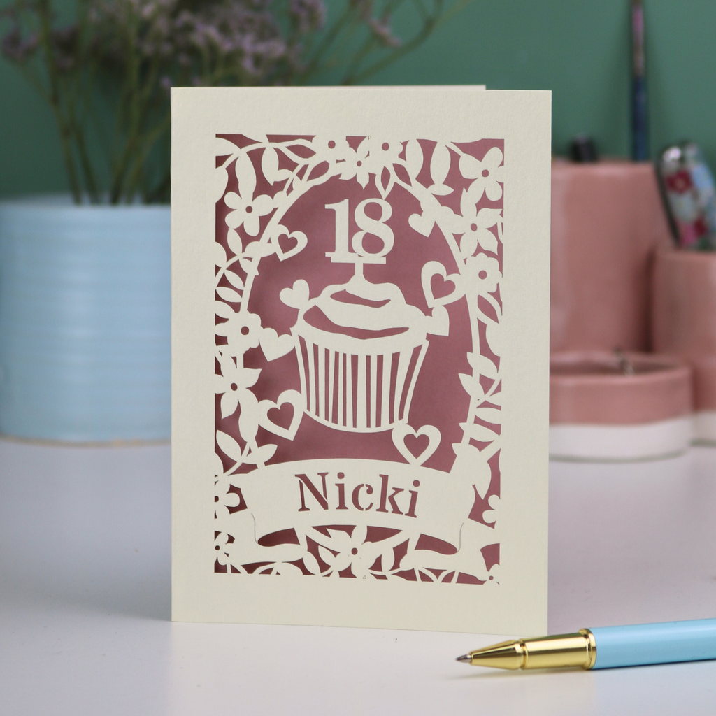 Decorative 18th birthday card with cupcake design and '18 Nicki' text on a light background.