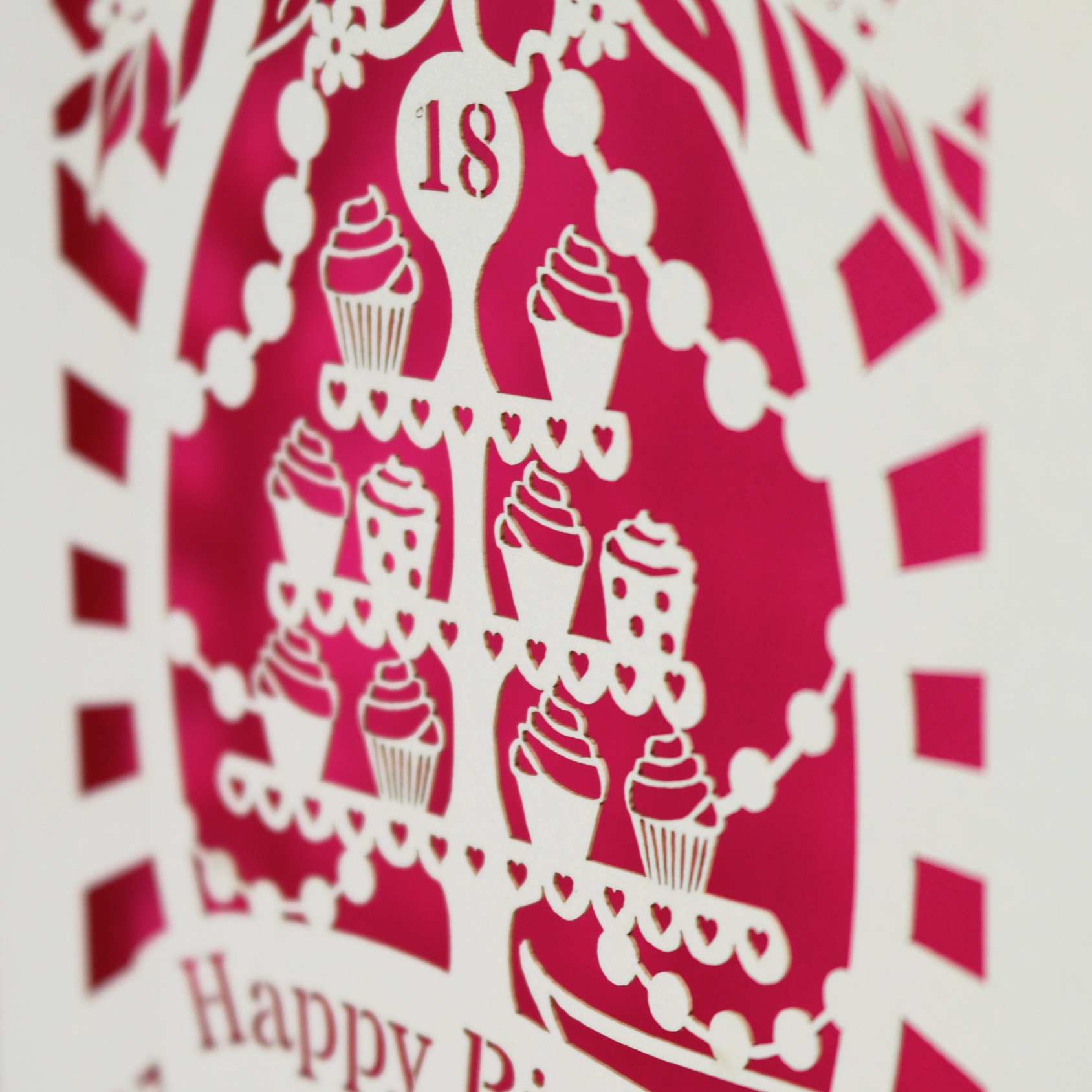 Decorative paper cutout with cupcakes and 'Happy Birthday' text on a pink background