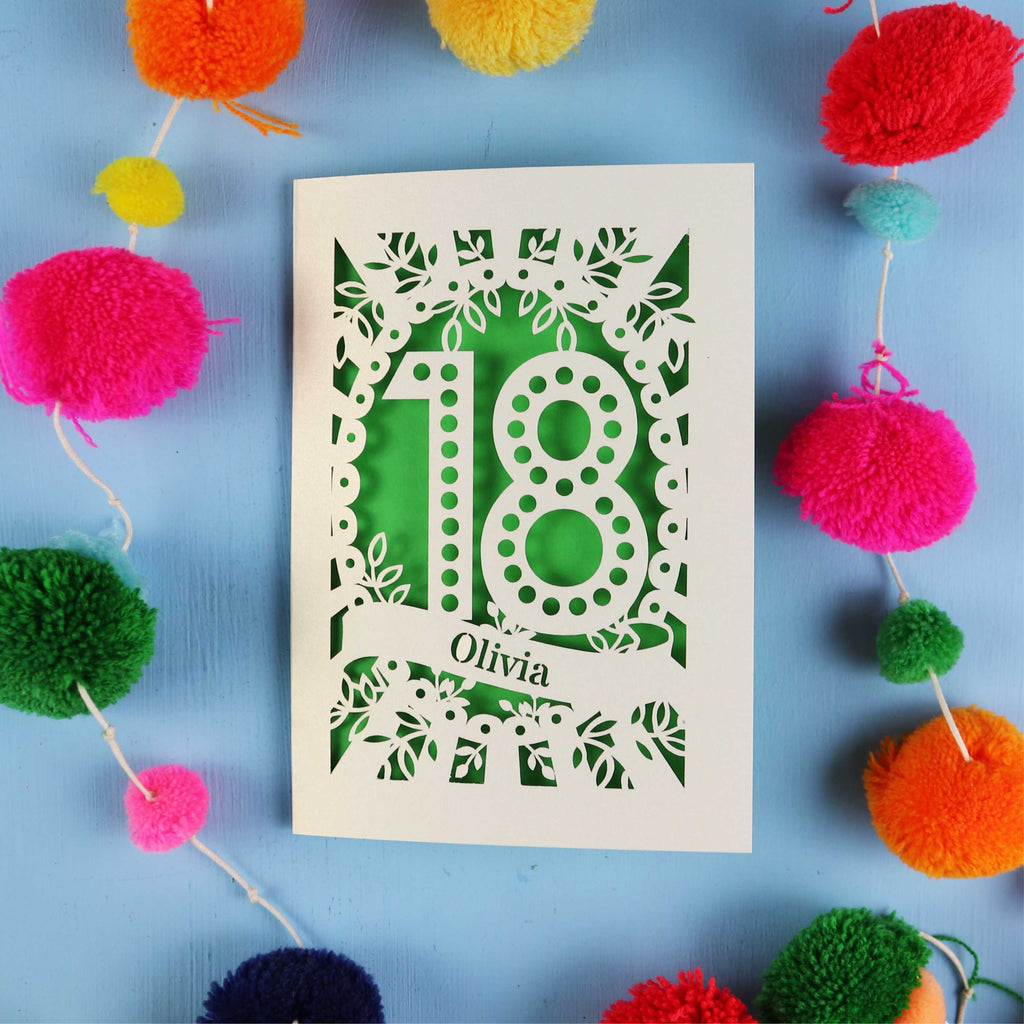 Decorative 18th birthday card with '18' and 'Olivia' on a blue background with colourful pom-poms.