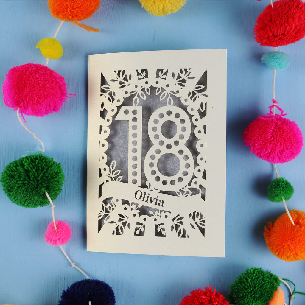 Decorative 18th birthday card with '18' and 'Olivia' on a blue background with colourful pom-poms.