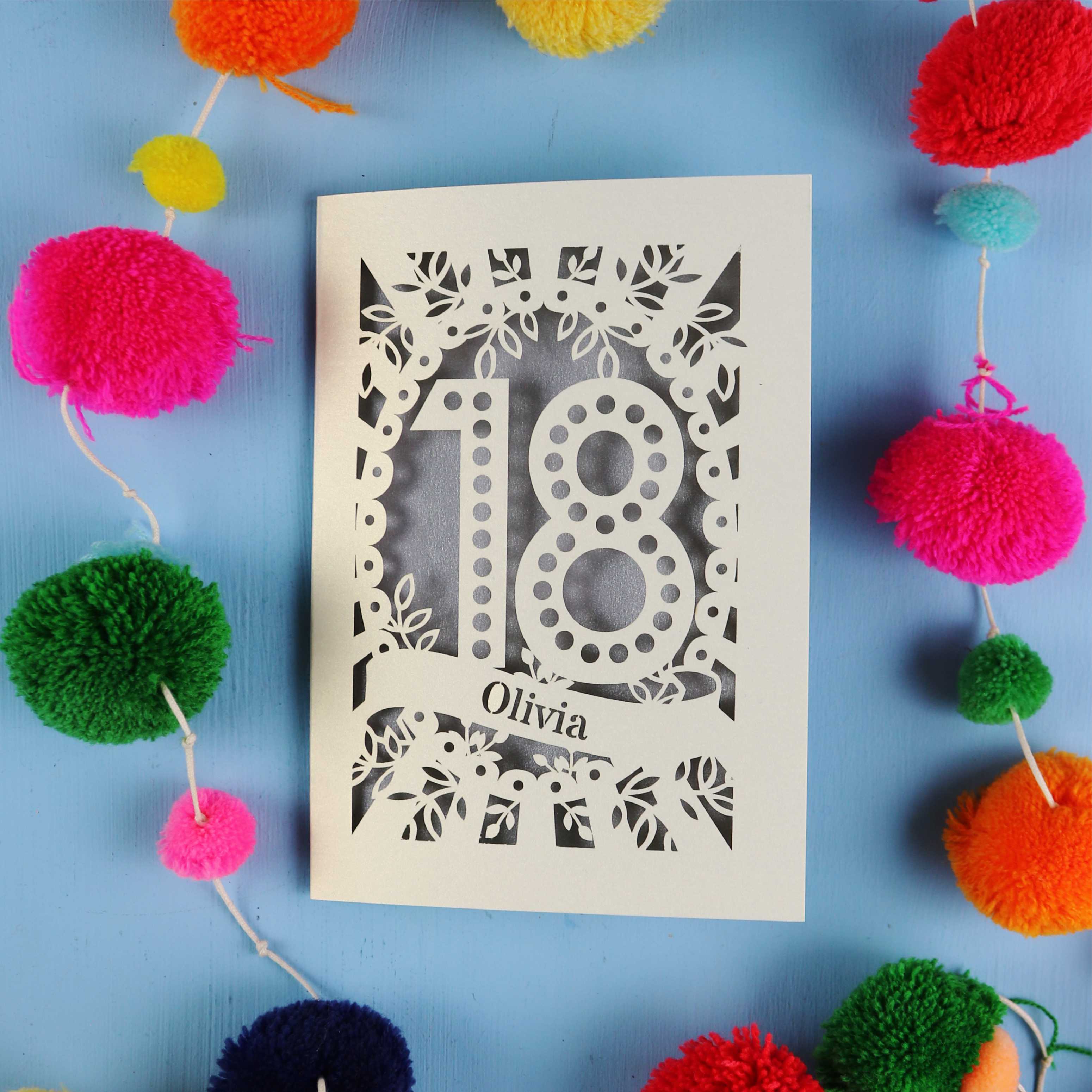 Decorative 18th birthday card with '18' and 'Olivia' on a blue background with colourful pom-poms.