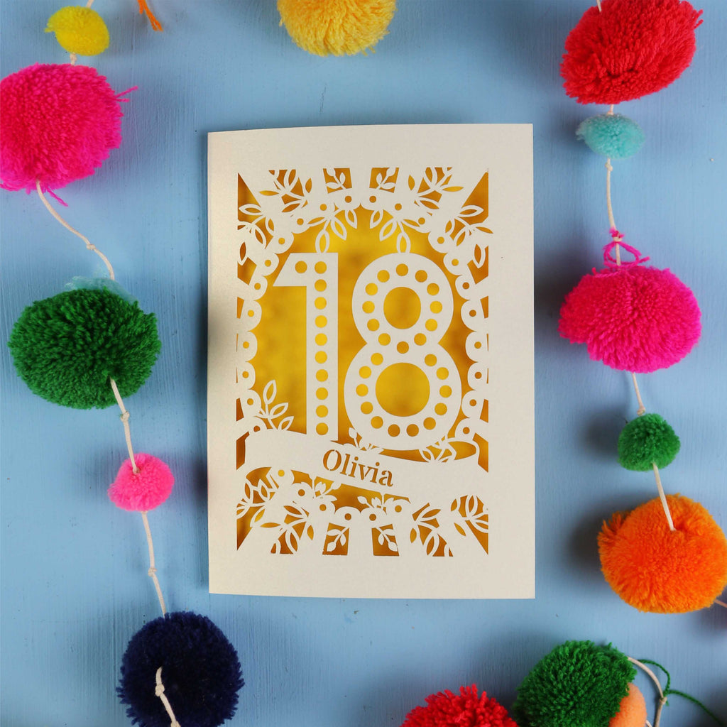 Decorative 18th birthday card with '18' and 'Olivia' on a blue background with colourful pom-poms.