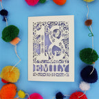 Keepsake 18th birthday card with floral patterns and 'EMILY' text on a blue background with colourful pom-poms.