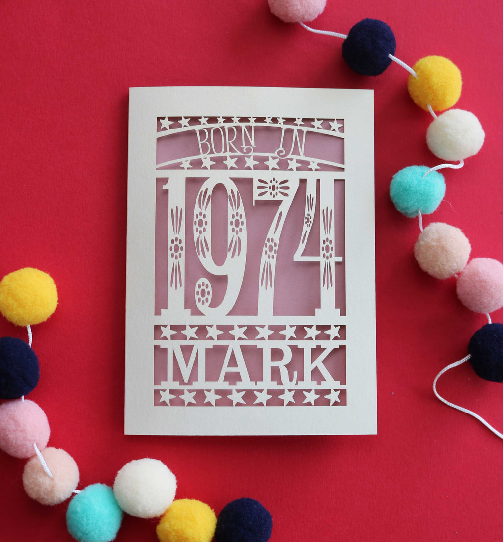 A personalised laser cut birthday card for people born in 1974