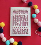 A personalised laser cut birthday card for people born in 1974
